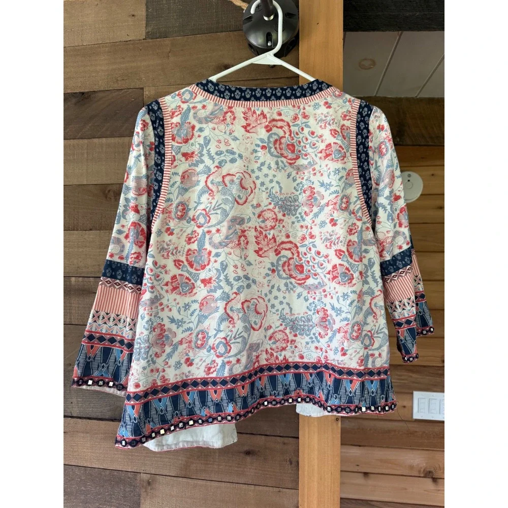 Choices Womens Red Blue Floral Patchwork Open Front Jacket Mirror Trim Size M